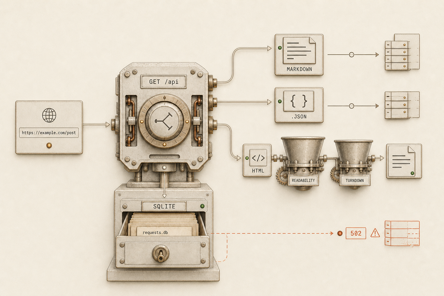 Editorial diagram: on the left a panel with an entered address, in the middle a copper-clad machine with the bar GET /api. Three routes lead away from it: MARKDOWN directly, .JSON, and HTML through two funnels labelled READABILITY and TURNDOWN. Below the machine a card index SQLITE with requests.db, bottom right a 502 error drawn in red.