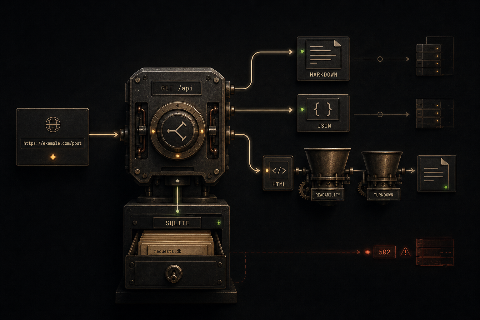 Editorial diagram: on the left a panel with an entered address, in the middle a copper-clad machine with the bar GET /api. Three routes lead away from it: MARKDOWN directly, .JSON, and HTML through two funnels labelled READABILITY and TURNDOWN. Below the machine a card index SQLITE with requests.db, bottom right a 502 error drawn in red.
