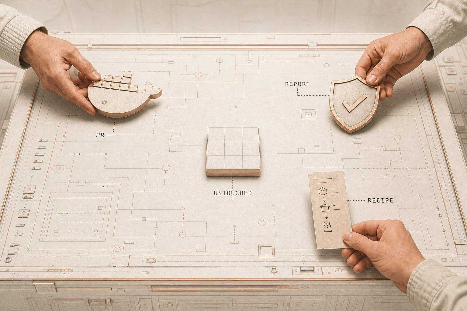 Editorial illustration: three hands reach in from the edges, placing workpieces on a workbench — a Docker whale fragment, a shield symbol, a recipe note — while an untouched, labelled workpiece sits in the middle