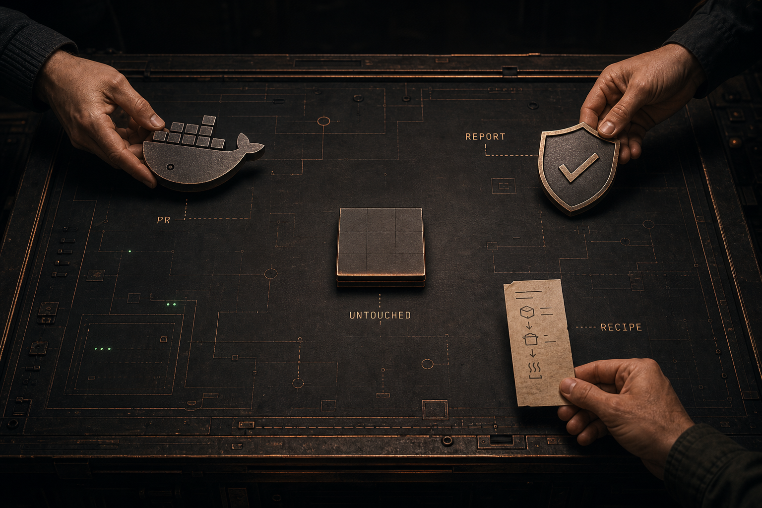 Editorial illustration: three hands reach in from the edges, placing workpieces on a workbench — a Docker whale fragment, a shield symbol, a recipe note — while an untouched, labelled workpiece sits in the middle