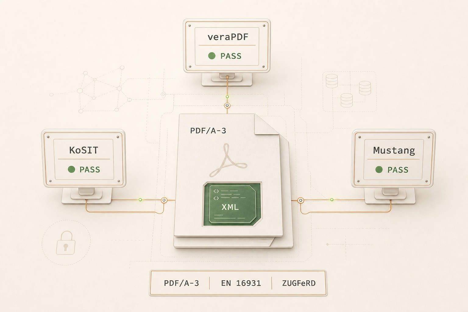 Editorial-Illustration: drei Validator-Monitore (veraPDF, KoSIT, Mustang) mit grünem PASS um ein zentrales PDF/A-3-Dokument.