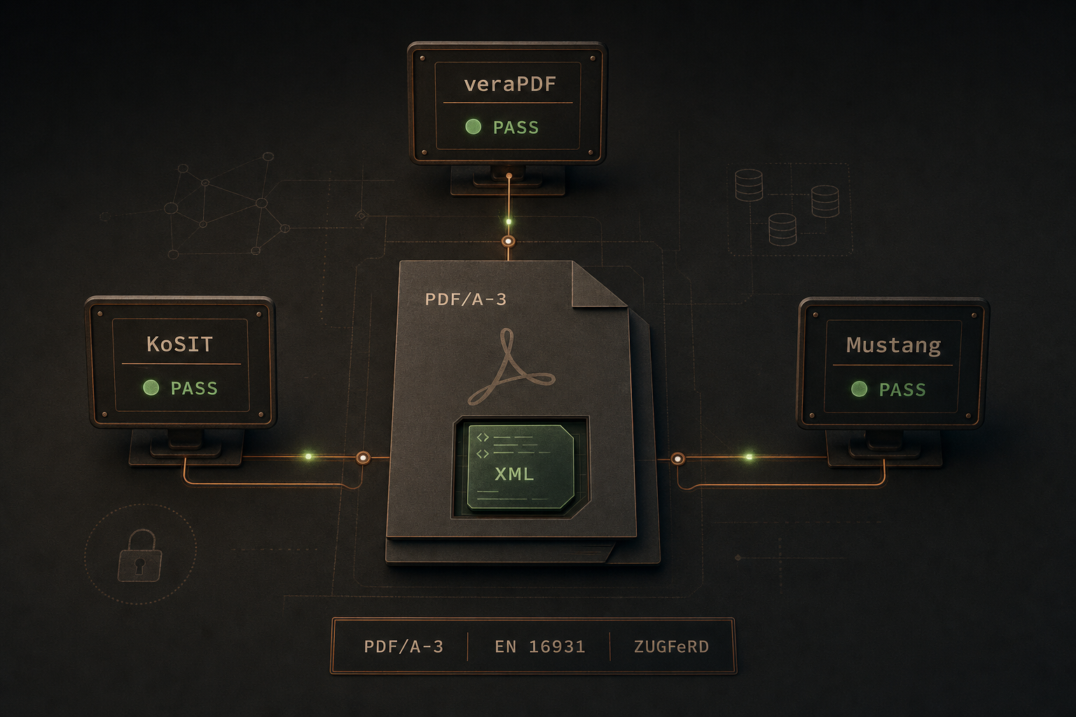 Editorial-Illustration: drei Validator-Monitore (veraPDF, KoSIT, Mustang) mit grünem PASS um ein zentrales PDF/A-3-Dokument.