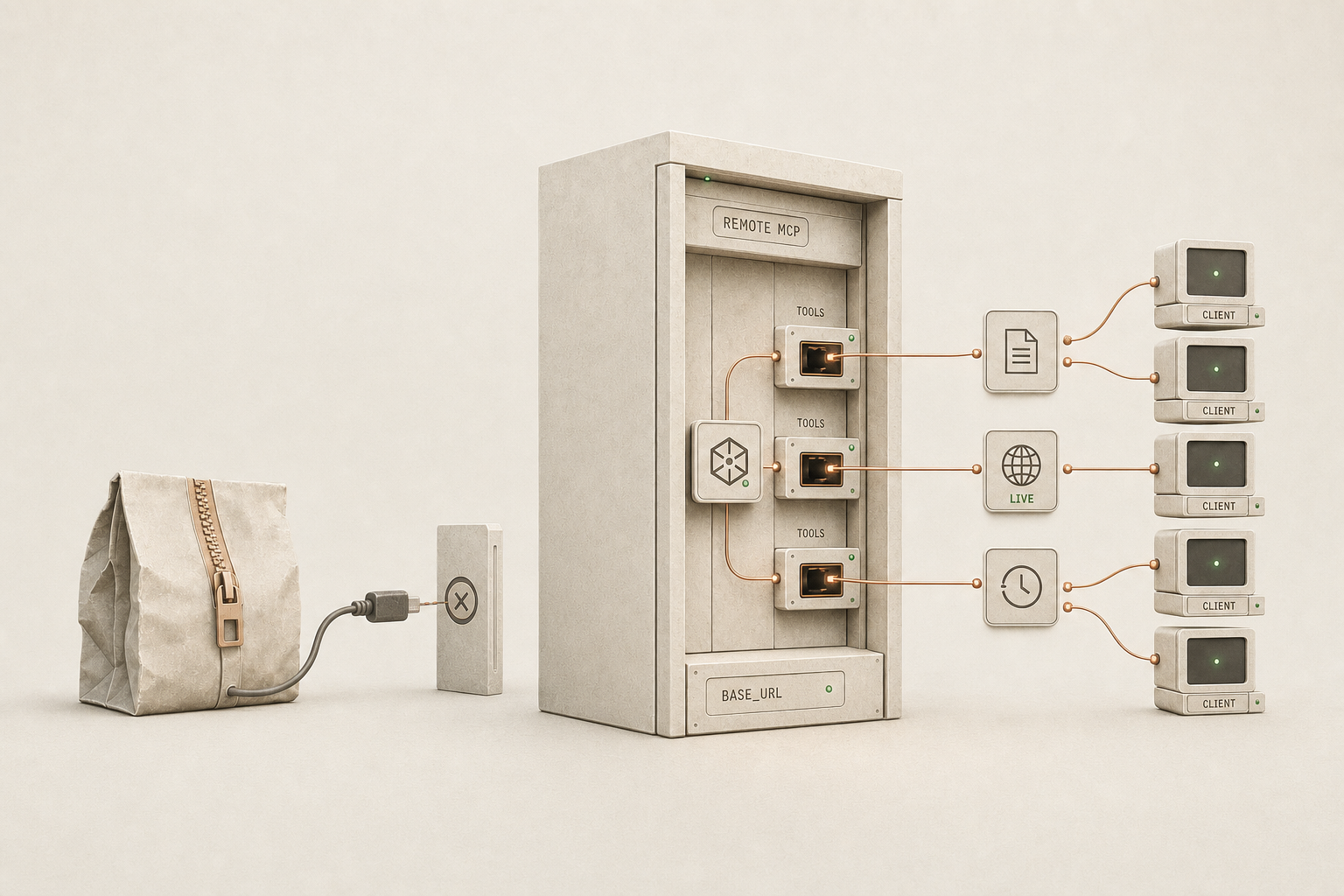 Editorial scene: on the left a tied-up bundle sits at a local port that is crossed out, so the route through your own installation. In the middle a cabinet with the bar REMOTE MCP, three lit tool compartments and a bar BASE_URL. From there, lines run across three tool symbols to five stacked devices, each labelled CLIENT.
