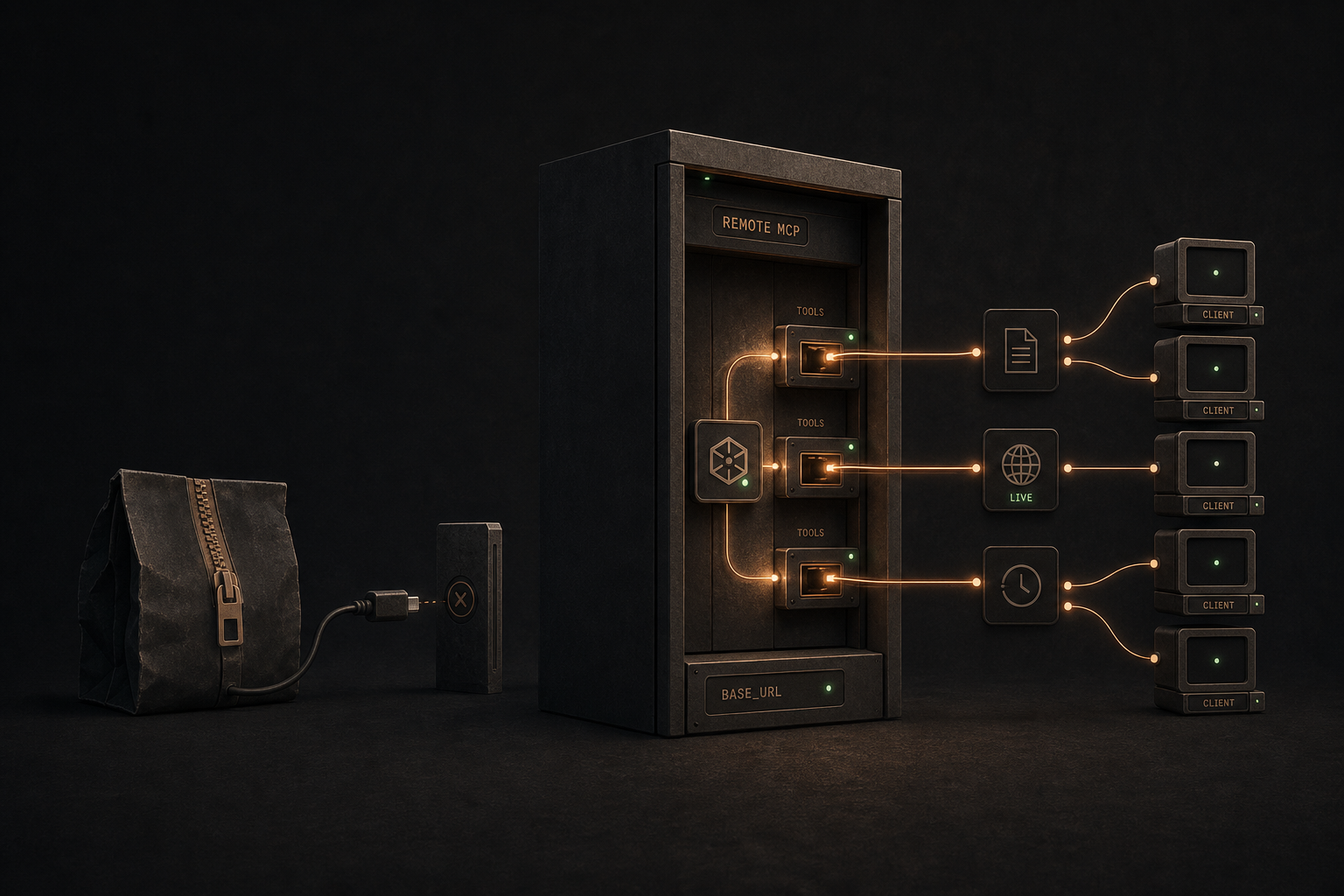 Editorial scene: on the left a tied-up bundle sits at a local port that is crossed out, so the route through your own installation. In the middle a cabinet with the bar REMOTE MCP, three lit tool compartments and a bar BASE_URL. From there, lines run across three tool symbols to five stacked devices, each labelled CLIENT.