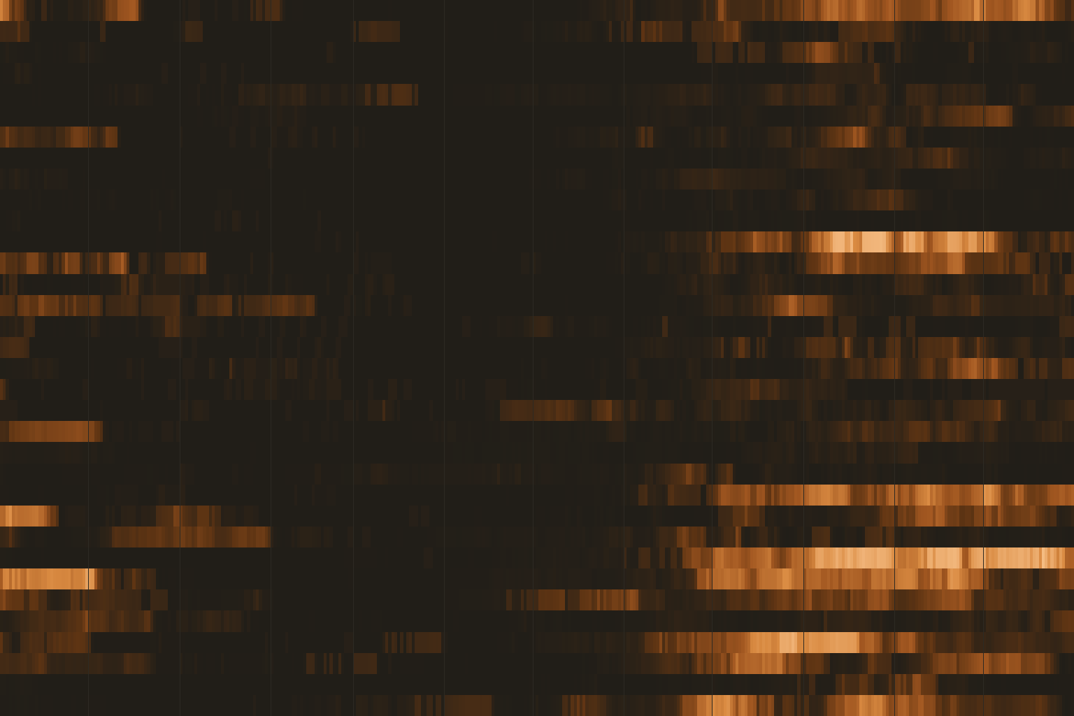 Cell field of 34 rows and 365 columns: each row a water year, each column a day, the brightness standing for the share of gauges below their low-flow threshold. The bright bands cluster in the lower rows.