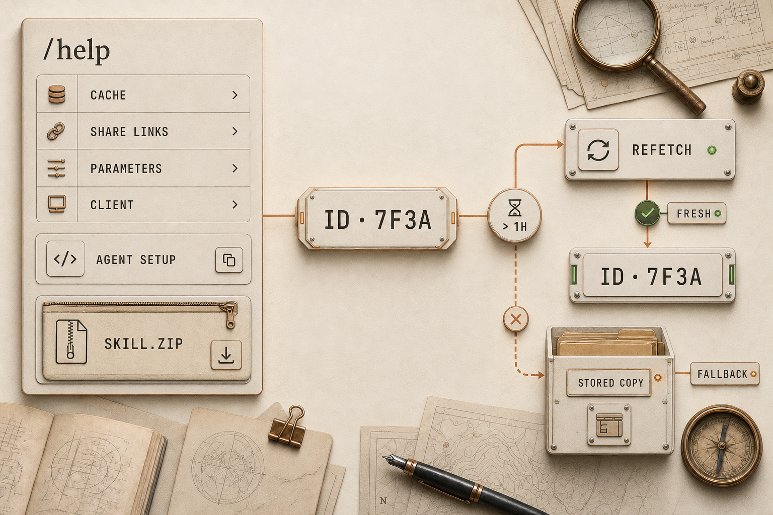 Editorial diagram on a desk with a notebook and a pair of compasses: on the left a help page titled /help with the entries CACHE, SHARE LINKS, PARAMETERS and CLIENT, below it a copy field AGENT SETUP and a download SKILL.ZIP. On the right a short identifier that runs through an hourglass marked > 1H either to REFETCH and FRESH or, dashed, to a card index STORED COPY as FALLBACK.