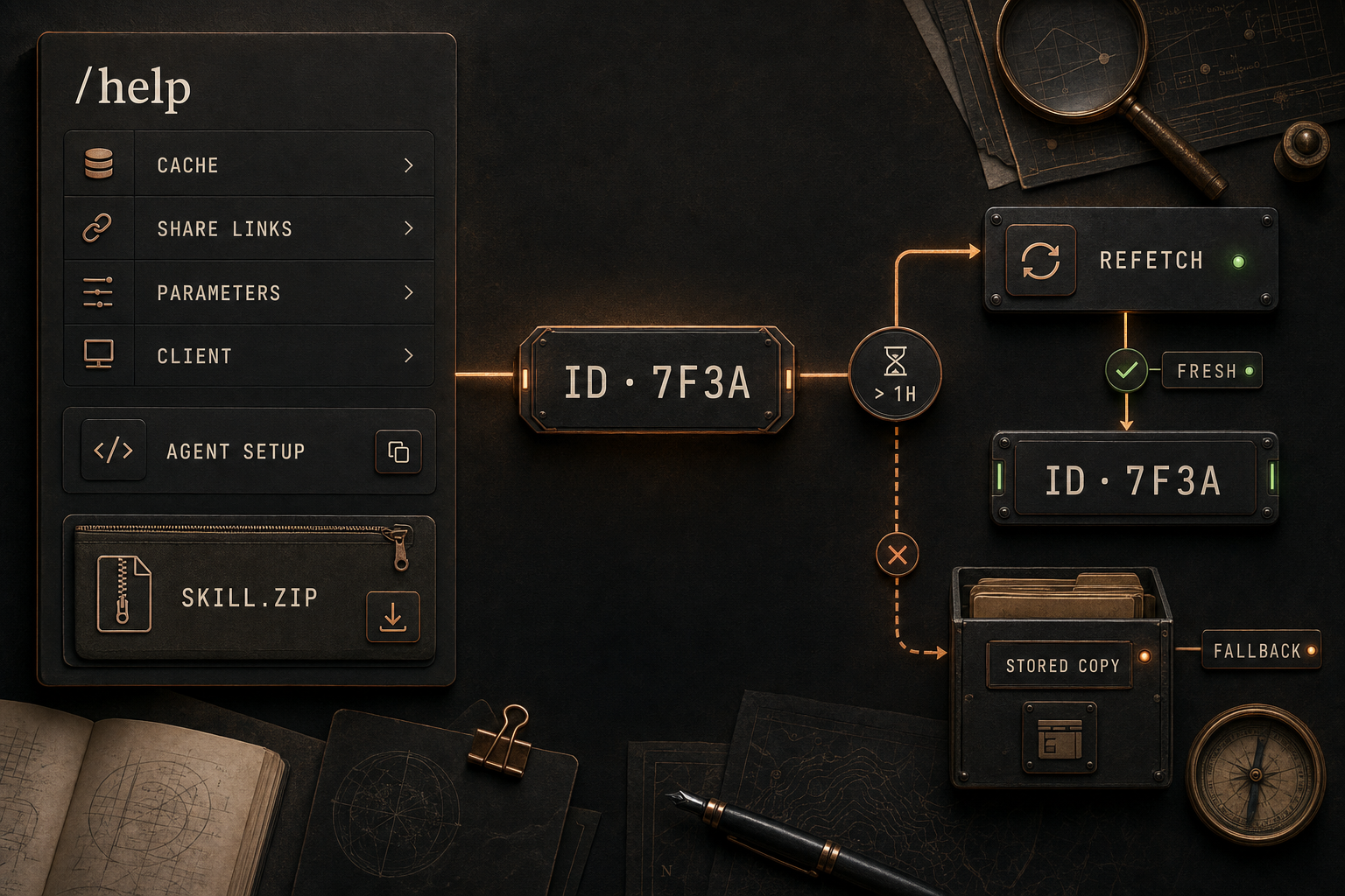 Editorial diagram on a desk with a notebook and a pair of compasses: on the left a help page titled /help with the entries CACHE, SHARE LINKS, PARAMETERS and CLIENT, below it a copy field AGENT SETUP and a download SKILL.ZIP. On the right a short identifier that runs through an hourglass marked > 1H either to REFETCH and FRESH or, dashed, to a card index STORED COPY as FALLBACK.