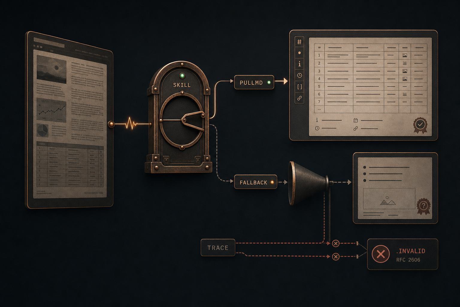 Editorial diagram: on the left a densely packed web page, in the middle a copper-framed gate labelled SKILL with a pointer choosing the route. Above it, PULLMD leads to a complete table with line numbers; below it, FALLBACK runs through a funnel to a thinned-out card. At the bottom a panel labelled TRACE with two failed attempts and the result .INVALID, RFC 2606.