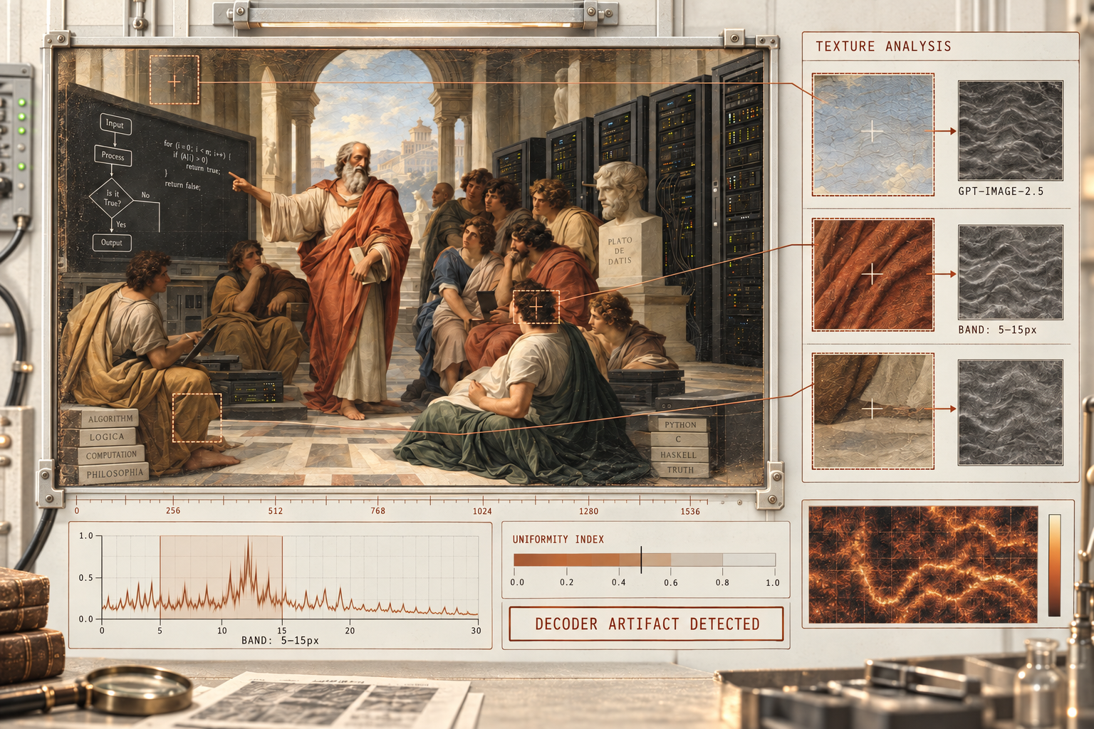 Oil painting on a diagnostic test bench with texture analysis panels