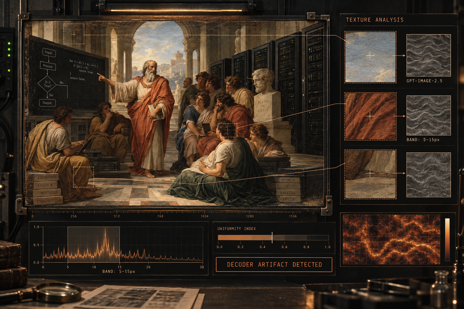 Oil painting on a diagnostic test bench with texture analysis panels
