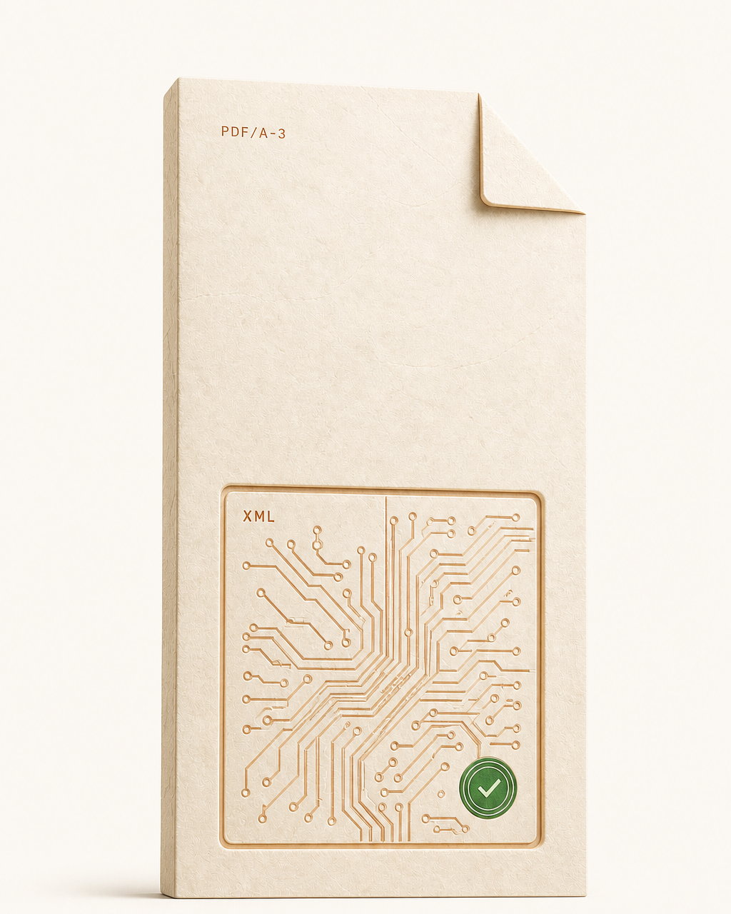 Matte schwarze Dokument-Stele mit Eselsohr, goldenem Rimlight, eingelassener XML-Schaltkreis-Kachel und grünem Prüfsiegel — ein hybrides E-Rechnungs-Dokument