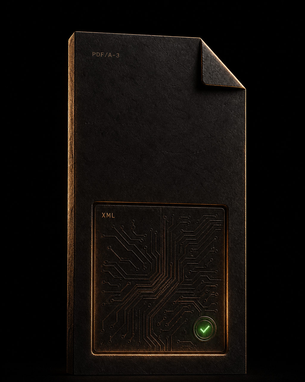Matte schwarze Dokument-Stele mit Eselsohr, goldenem Rimlight, eingelassener XML-Schaltkreis-Kachel und grünem Prüfsiegel — ein hybrides E-Rechnungs-Dokument